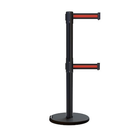Montour Line Retractable Double Belt Rolling Stanchion, Black/Red, 11 ft Length, 2.5 ft Post Height P400DRL-BK-BRH-110